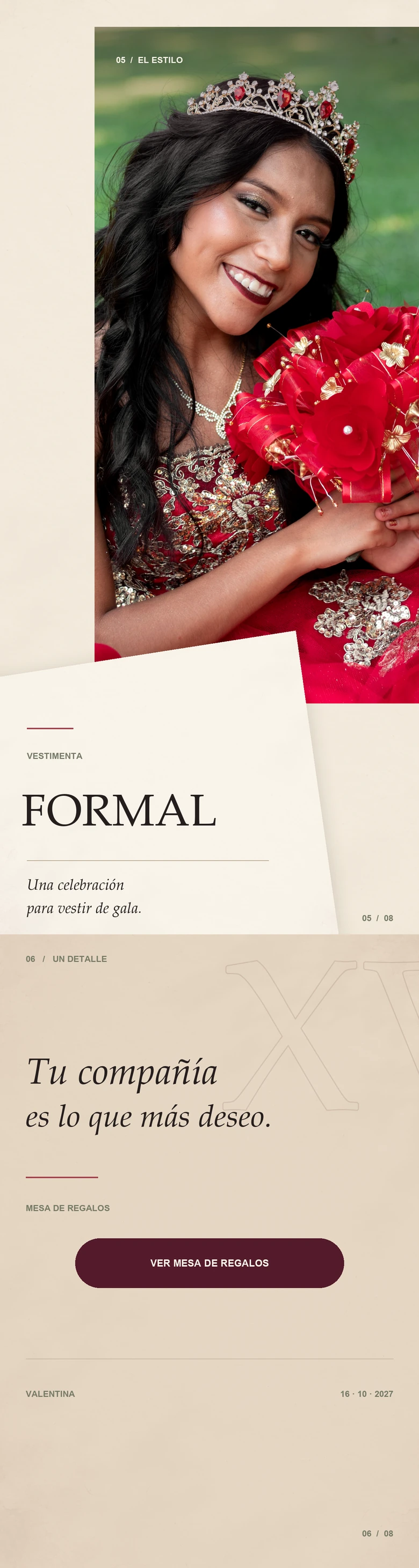 Código de vestimenta formal y mesa de regalos.